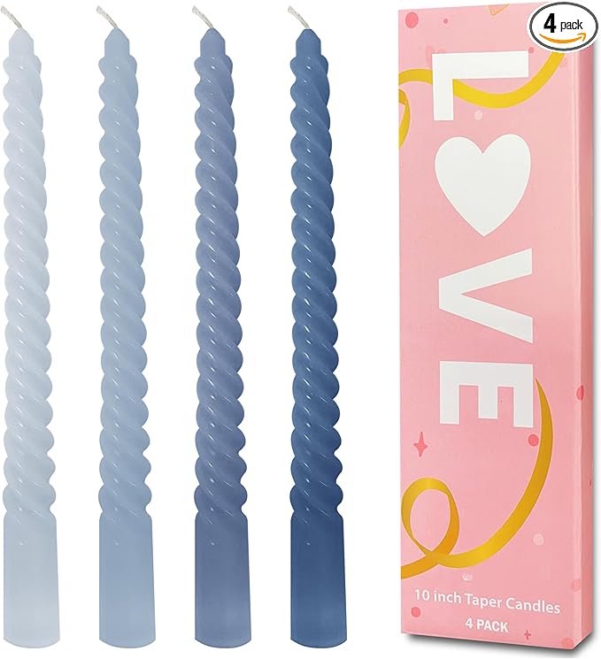 Taper Candles Blue, Spiral Twisted Candles Set of 4, Unscented Taper Candlesticks 10 inch Tall, Home Decor Wedding Decorations,Valentines Day