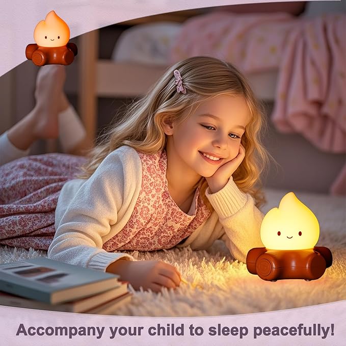 Campfire Night Light, 5 White Noise Mode, Cute Bonfire Gifts, Silicone Night Light with Candle Mode, Rechargeable Bedroom Decor, Gift for Children, Teens, Adults, Halloween, Christmas & Birthdays