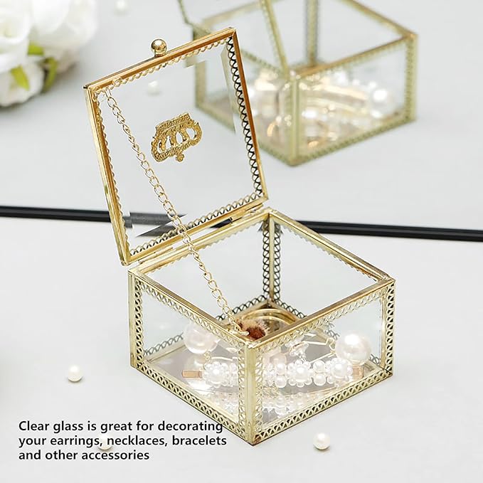 NAJMECHOY Glass Jewelry Box, Mirror Bottom with Crown Lid, Box for Makeup, Lipstick Ring Earrings, Storage Box, Gold Glass Box Ring, Bracelet Display Transparent Box (Square)