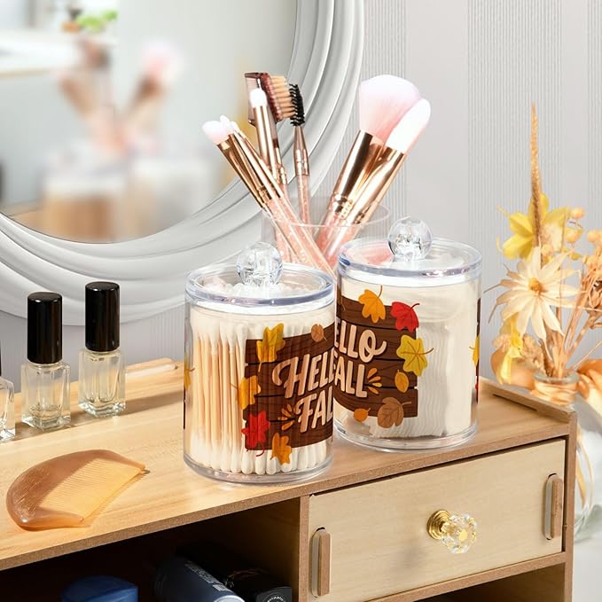 2 Pack Apothecary Jars Dark Brown Hello Fall Bathroom Vanity Storage Organizer Set,Small Clear Plastic Storage Jars Bathroom Canister for Cotton Swabs, Rounds, Balls, Qtips,Makeup Sponges, Flos