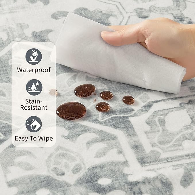 Rugxara 8x10 Washable Area Rug for Living Room, Extra Large Neutral Vintage Boho Rugs for Office, Kids Room, Farmhouse, Durable Low Pile Non Slip Carpet for High Traffic Areas, Light Grey