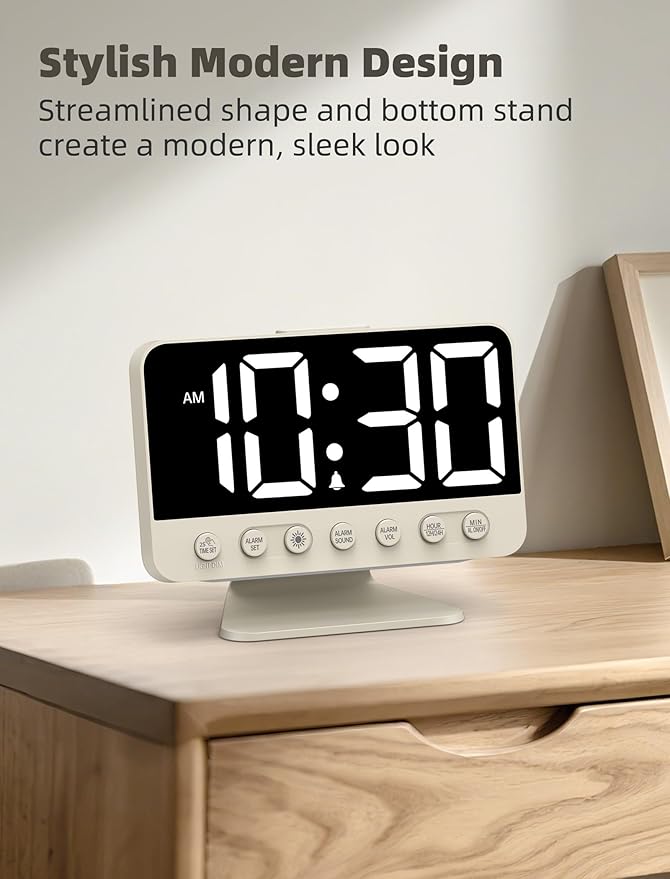 Odokee Digital Alarm Clocks for Bedrooms: Large Bold Number 5 Brightness Dimmer - Easy to Read Across The Room - 5 Alarm Sound 8 Night Light - Putty