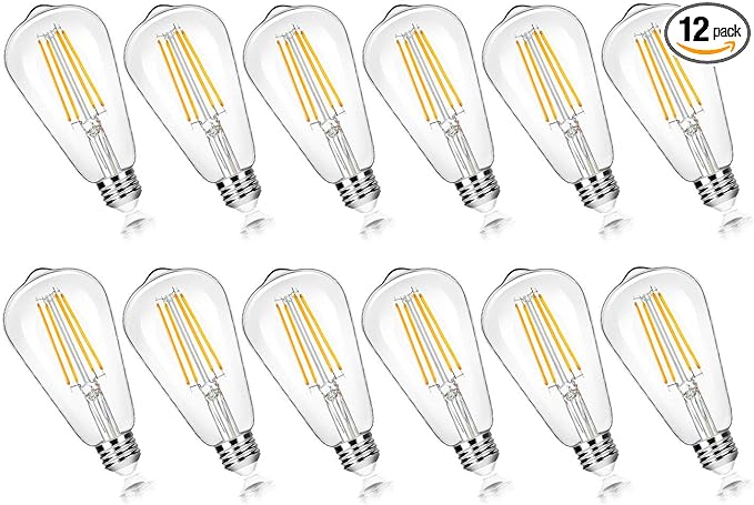 12-Pack Vintage 7W ST58 LED Edison Light Bulbs 60W Equivalent, 850Lumens, 3000K Soft Warm White, E26 Base LED Filament Bulbs, CRI90+, Antique Glass Style Great for Home, Bedroom, Office, Non-Dimmable