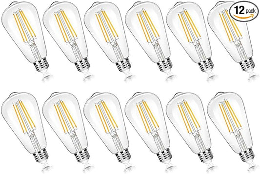 12-Pack Vintage 7W ST58 LED Edison Light Bulbs 60W Equivalent, 850Lumens, 3000K Soft Warm White, E26 Base LED Filament Bulbs, CRI90+, Antique Glass Style Great for Home, Bedroom, Office, Non-Dimmable