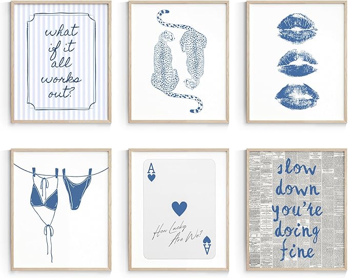 Habseligkeit Blue Wall Art Prints, Cute Wall Decors for Room Aesthtic, Posters for Girls Bedroom Decor Aesthetic Unframed, 8X10in, Set of 6