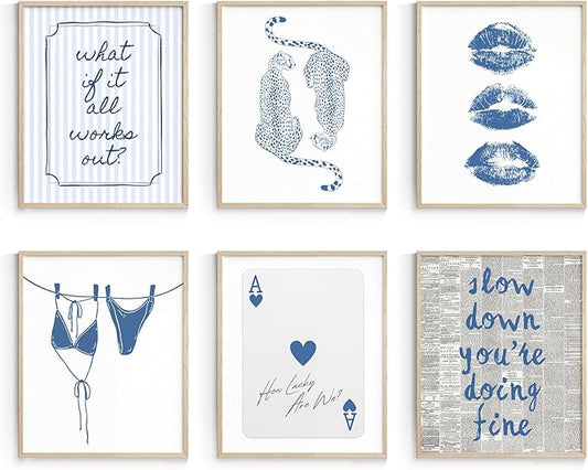 Habseligkeit Blue Wall Art Prints, Cute Wall Decors for Room Aesthtic, Posters for Girls Bedroom Decor Aesthetic Unframed, 8X10in, Set of 6