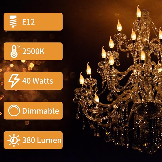 COLWATT 20-Pack Candelabra Light Bulbs 40W Warm White 2500K, 380 Lumen Candle Chandelier Bulb for Ceiling Fan, Pendants or Outdoor, CA10 Clear Type B E12 Base Dimmable