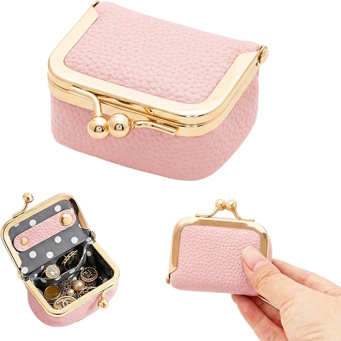 Genuine Leather Mini Jewelry Box Portable Vintage-Inspired Leather Small Coin Purse Jewelry Organizer Case Mini Travel Ring Box with Kiss Lock for Women Earring Ring Necklace