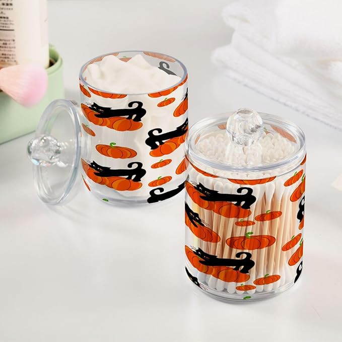 Nander 2Pack Halloween Pumpkin and Black Cat Qtip Holder Dispenser -Clear Plastic Apothecary Jars Set - Restroom Bathroom Makeup Organizers Containers for Cotton Swab, Ball, Pads, Floss