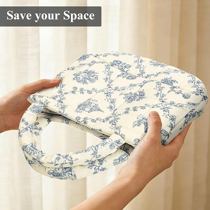 Small Storage Basket Organizer, Mini Fabric Floral Storage Baskets with Handle, Quilted Portable Collapsible Storage (Vine-Green)