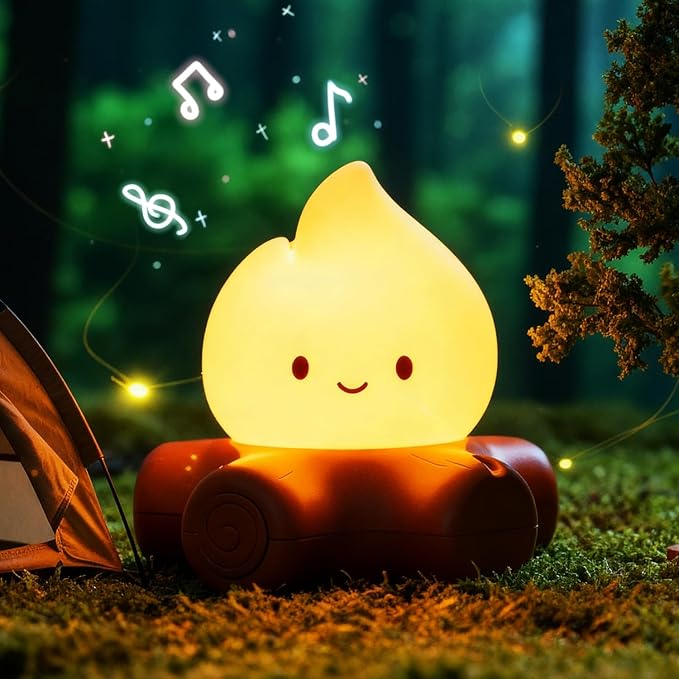 Campfire Night Light, 5 White Noise Mode, Cute Bonfire Gifts, Silicone Night Light with Candle Mode, Rechargeable Bedroom Decor, Gift for Children, Teens, Adults, Halloween, Christmas & Birthdays