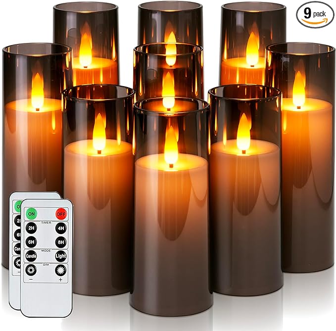 Homemory Decorative Flameless Candles, Battery Operated Candles with Remote & Timer, Flickering Led Pillar Candles, Plexiglass, Grey, Pack of 9, D2.2 xH 5" 6" 7"
