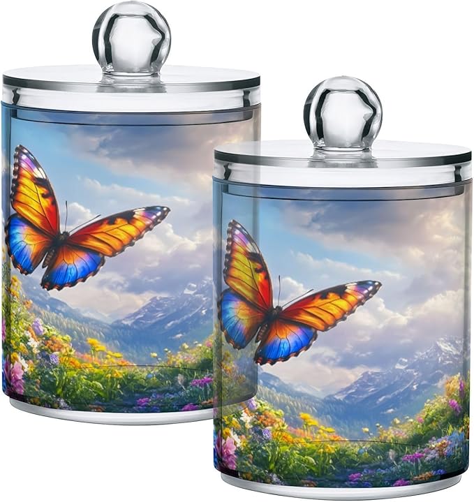 Nander 2Pack Beautiful Spring Wildflowers and Butterflies Qtip Holder Dispenser -Clear Plastic Apothecary Jars Set - Restroom Bathroom Makeup Organizers Containers for Cotton Swab, Ball, Pads, Floss
