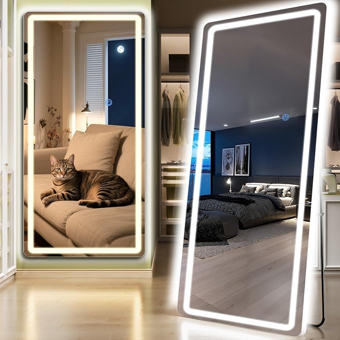 Standing Mirror Full Length with LED Lights, 71"x32" Lighted Mirror with Dimming & 3 Color Lighting, Tall Mirror Full Body for Bedroom, Dressing Room