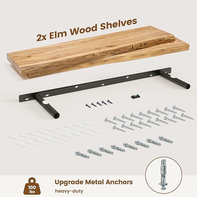 Venusmiles Live Edge Elm Floating Shelves for Wall Decor, Rustic Solid Wood Shevles Wall Mounted with Invisible Bracket for Living Room Bathroom Bedroom Kitchen, 36 Inch Set of 2, Natural