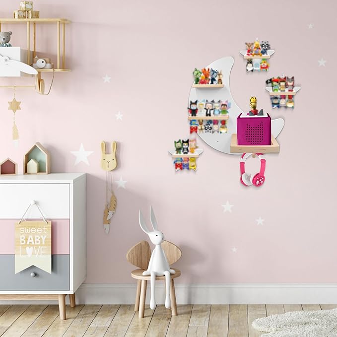 Taladad for Toniebox 2/1 Tonie Shelf Wall Mounted Set,Tonie Figures Storage,Magnetic Wooden Floating Shelves Compatible with Tonie Box Player Character for Children Room