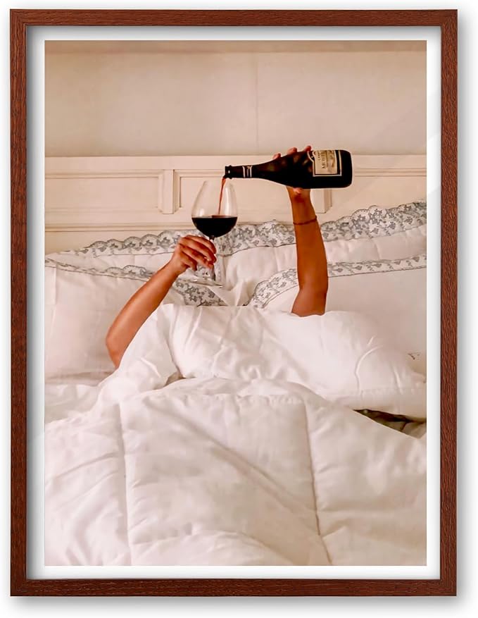 EcoHest Woman Drinking Wine in Bed Framed Wall Art Walnut Color, 12x16 in OAK Wood Feminist Alcohol Canvas Art, Trendy Teen Girl Bar Cart Print College Room Decor Set of 1 For Bedroom Living Room