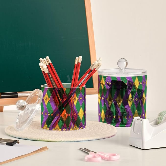 Mardi Gras Purple Green Yellow Diamonds Clear Plastic Makeup Organizer Storage with lid Office Essentials Decorative Dental floss storage jar for Cotton Swabs,Cotton Pads,Floss Picks,Paper