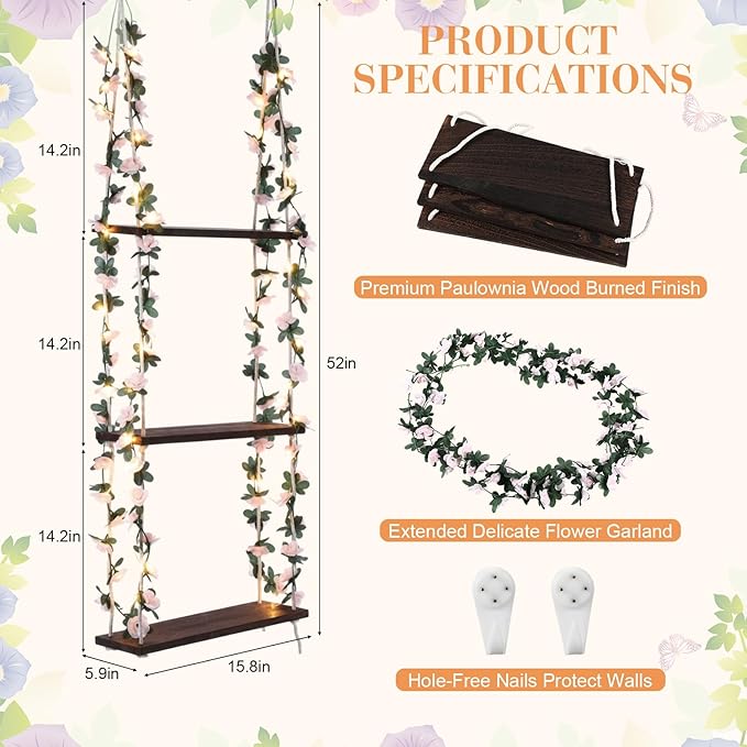 AceOrbit 3 Tier Wall Hanging Shelves with Artificial Ivy Leaves, 15.8"x52" Boho Room Decor Handmade Cotton Rope, Wooden Hanging Storage Floating Shelves for Small Plants, Living Room Bedroom