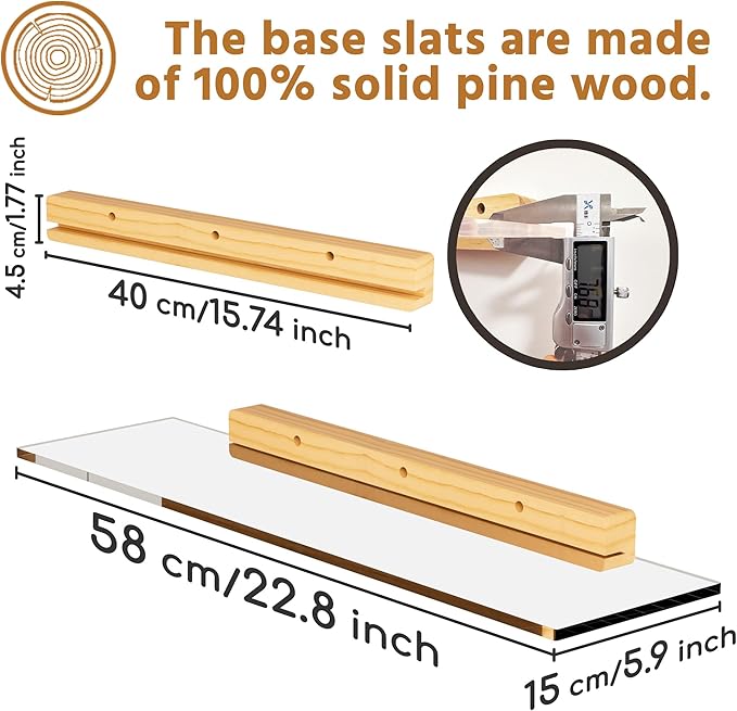 QsQueen Acrylic Floating Shelves with Solid Wood Base, Wall Mounted Shelf for Plants, Perfume, Nail Polish, Bathroom, Bedroom & Living Room Décor