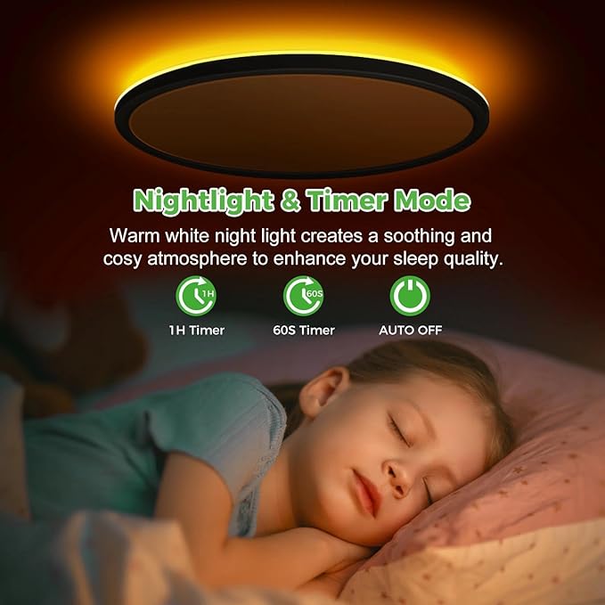 zemty 23 Inch LED Ceiling Light with Night Light 1800K, 50W 5000lm 3000K/4000K/6500K Dimmable Light Fixtures with Remote Control, Low Profile Ceiling Lamp for Bedroom LivingRoom Bathroom Kitchen-Black