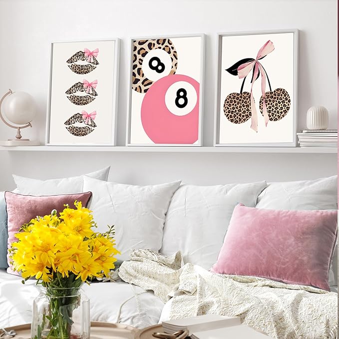 Trendy Pink Leopard Bow Wall Art Set of 3 Funky Cherry Lucky 8 Ball Posters Prints Cute Coquette Preppy Room Aesthetic Wall Decor Pictures for Girls Bedroom Apartment Dorm Unframed 16x24in