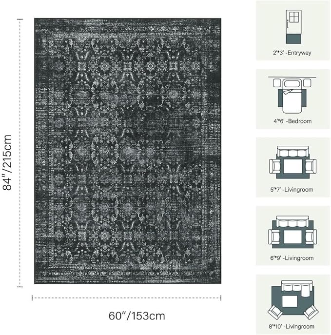 Rugxara 5x7 Area Rugs for Living Room Bedroom, Washable Rug, Black Vintage Floral Boho Rug, Non Slip & Low Pile Faux Wool Thin Carpet for Indoor Dining Room and Kids Room(Black 5x7ft)
