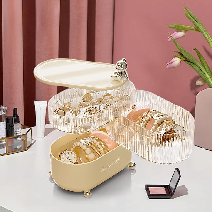 Jewelry Box, 3-Layer Rotation Jewelry Organizer, Acrylic Storage Boxes for Rings, Bracelets, Necklaces, Lipsticks, Make up Organizer for Vanity Top, Gifts for Women (3-Layer)