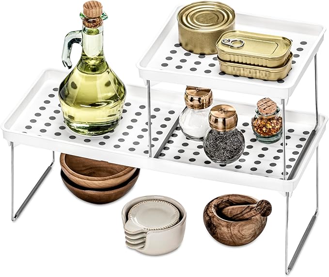 madesmart Small Stacking Shelf, Organizer for Spices, Make-Up, Bottles & Jars, Collapsible Legs for Cabinet or Counter Storage, White