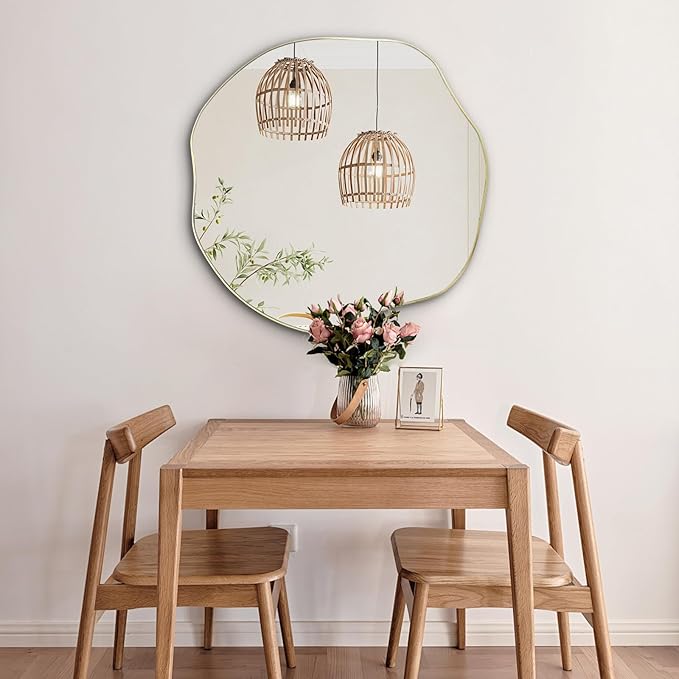 POZINO Gold Irregular Mirror, 30" Scalloped Rounded Mirrors, Asymmetrical Frameless Mirror, Modern Abstract Wall Mirrors for Living Room Bedroom Bathroom Entryway Hallway Fireplace