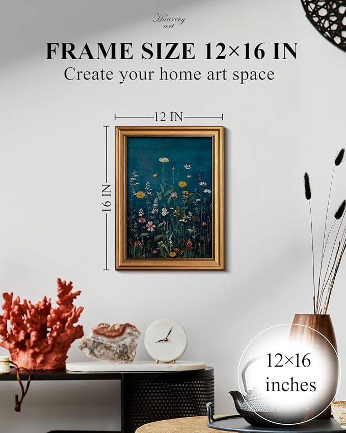 HUARCEY Framed Canvas Wall Art Vintage Decor, Wildflowers Picture Decor, Rustic Vintage Neutral Canvas Paintings Retro Table Desk Pictures for Bedroom Living Room, 12x16Inch