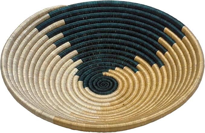 Handwoven African Basket Handmade sisal Fruit Bowl Wall Hanging decorative Baskets for Home Living Room Kitchen Gifts Centerpiece Zen Designs Arts and Crafts (Dark Green Natural, 12in diameter)