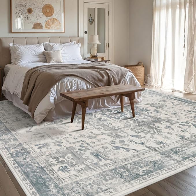 Rugxara 8x10 Washable Area Rug for Living Room, Extra Large Neutral Vintage Boho Rugs for Office, Kids Room, Farmhouse, Durable Low Pile Non Slip Carpet for High Traffic Areas, Light Blue Grey