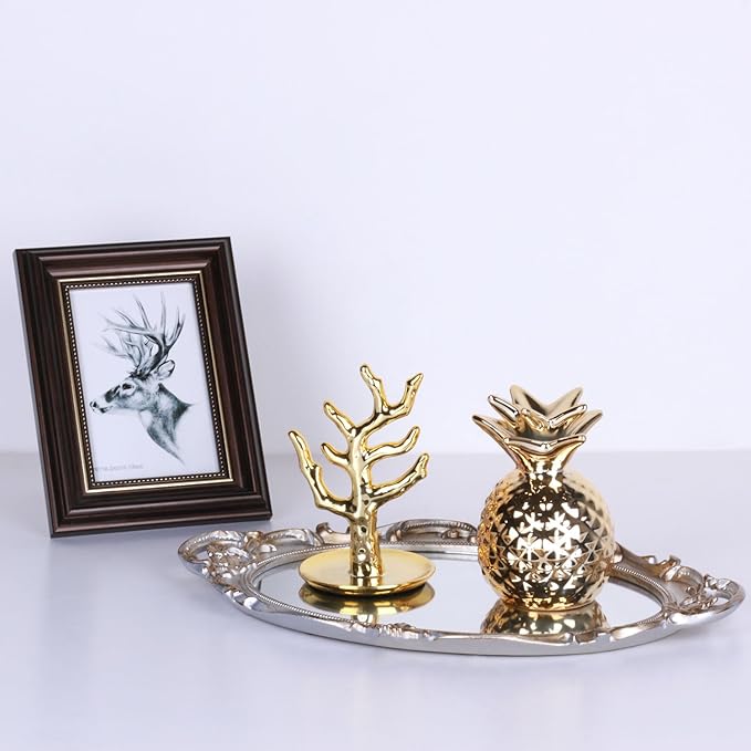 Zosenley Polyresin Ellipse Antique Decorative Mirror Tray, Makeup Organizer, Jewelry Organizer, Serving Tray, 9.8”x 14.6”, Golden Silver