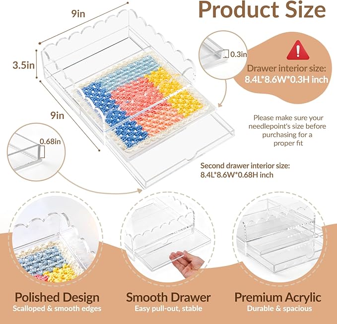 Scalloped Acrylic Tray, 9" x 9" Clear Acrylic Tray with Double Layer Drawer for Insert Needlepoint,Art, Customizable Photos,Fabric,Messages Display Basket,Decorative Tray Gift for Home Office