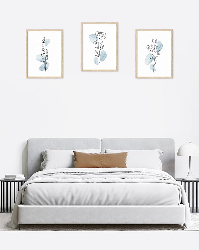 HesenDot Boho Art wall Décor,Botanical Print Set of 3, Blue Gallery Wall art,Abstract Line Watercolor Floral Home Decor,living room,bedroom