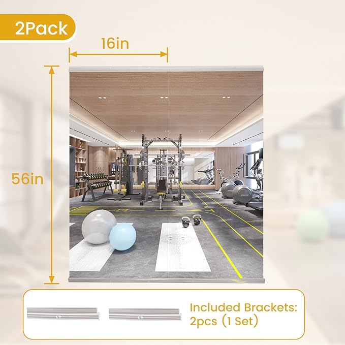 56X16 2Pack Large Home Gym Mirror, Frameless Tempered Glass Dance Wall Mounted Mirror for Home, Yoga, Dancing, Studio, Living Room