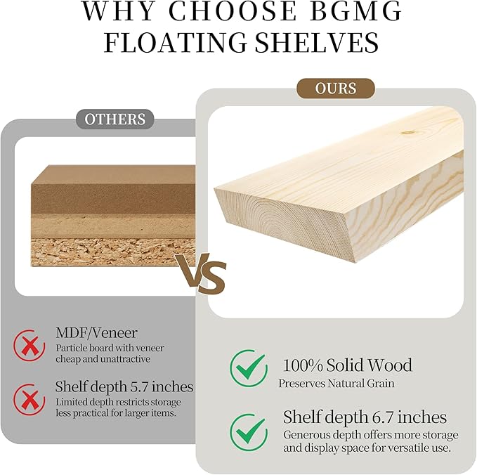 BGMG Small Wood Floating Shelves for Wall 8 inch Set of 2, Rustic Wooden Wall Mount Shelves for Living Room Bedroom Kitchen Farmhouse-8x6.7x1.25 inch- Gold Oak