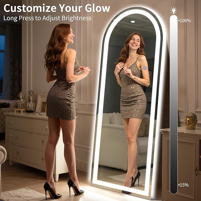 Arch Full Length Standing Mirror with LED Lights, 65"x26" Lighted Mirror with Dimming & 3 Color Lighting, Tall Mirror Full Body for Bedroom, Dressing Room
