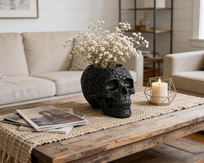 Skull Bowl Decorative Skull Vase Makeup Brush Pen Holder Organizer Dresser Gothic Table Organizer Decoration, Black Skull Pot Enthusiasts Gifts