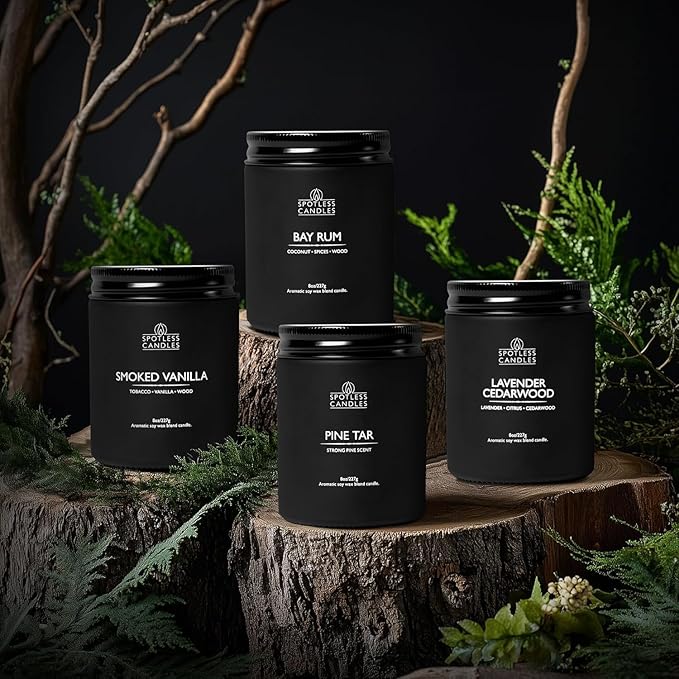 Scented Candles for Men - Soy Candles in Gift Box & Protective Shipper - Men Candle Set x 4 - Cedarwood & Lavender/Bay Rum/Pine Tar/Smoke & Vanilla - Spotless Leopard