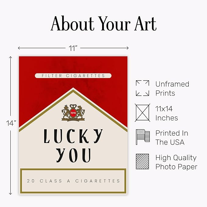 Lucky You Retro Wall Art 11x14 - Vintage Cigarette Design Pop Art Poster - Minimalist 70s Aesthetic Room Decor - Red Gallery Wall Picture - Maximalist Eclectic Home Decor - Living Room Bedroom Dorm