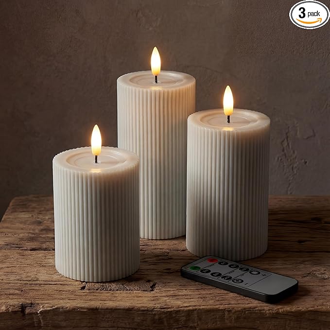 Fluted Ribbed LED Pillar Candles, Cream Beige, with Reflective Melted-Wax Effect – Flickering Flame, Remote, Dimmable, Flameless, Battery Operated, Home & Wedding Decor (Set of 3)