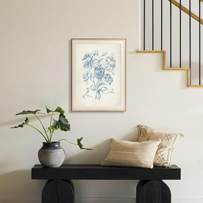 ASTRDECOR Framed Vintage Wall Art for Bathroom, Botanical Blue Wall Art for Home Decor Aesthetic, Victorian Blue Rose Bouquet Sketch Painting Floral Canvas Art Prints, Antique Flower Pictures for Living Room - 12''x16''
