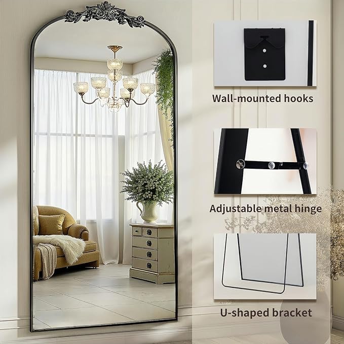 Dewfig Arched Full Length Mirror, 71"x32" Full Body Mirrors with Carved, Floor Mirror for HomeDecor, Standing/Halling Large Wall Mirror for Bedroom, Living Room, Cloakroom, Black, Retro Style