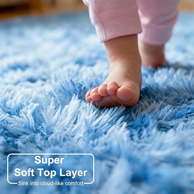 Amdrebio Tie-Dyed Light Blue Area Rugs for Bedroom Living Room, 5x7 Soft Cute Fluffy Stitch Rug for Girls, Boys, Baby Kids Room Decor, Plush Shaggy Fuzzy Furry Carpet for Classroom Nursery Playroom
