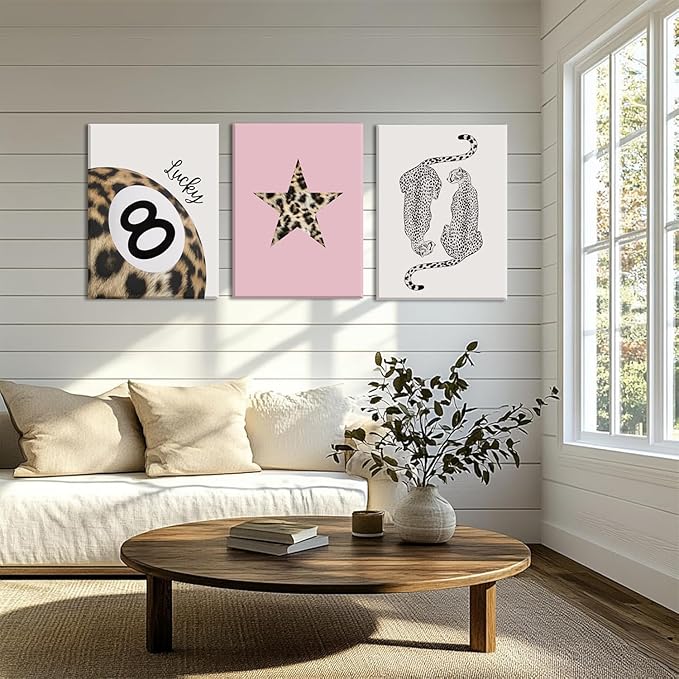 Hwetui Trendy Leopard Canvas Wall Art Set of 3 Funky Lucky 8 Ball Posters Prints Preppy Room Aesthetic Painting Cheetah Wall Decor Pictures for Girls Bedroom Apartment Dorm 16x24 Inch Framed