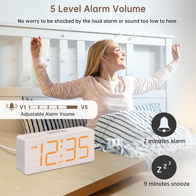 DreamSky Wooden Digital Alarm Clock for Bedroom - Loud Alarm Clock for Heavy Sleepers with Volume Control, Desk Clocks for Living Room with Large Numbers, Dimmer, DST, Wood Decor (Plug in Clock)
