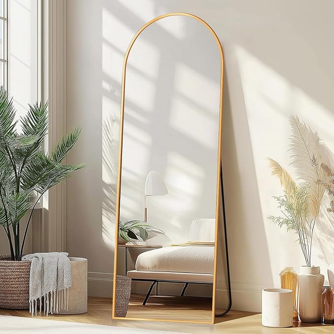 DMWOODFL 58"x18" Arched Full Length Mirror - Floor Standing or Wall Mounted with Stand, Aluminum Frame & Shatter-Proof Glass, Gold Freestanding Mirror for Bedroom, Living Room, Entryway Decor