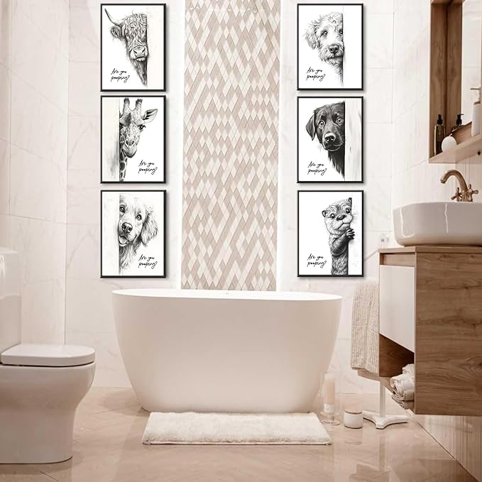 Funny Bathroom Wall Art Black and White Bathroom Posters Decor Rustic Donkey and Cow Pictures Wall Decor Funny Animal Peeking Canvas Art Prints for Toilet/Bedroom Unframed 8x10 inches x 6 pieces